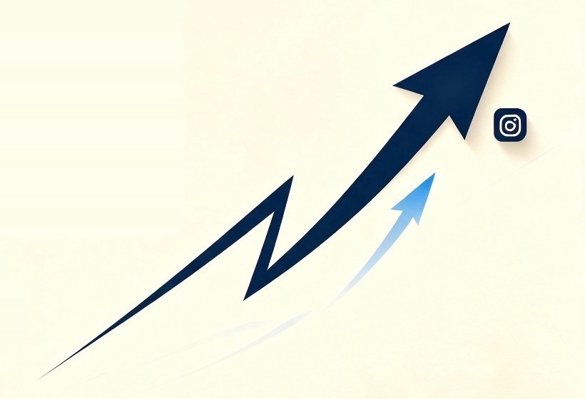An upward arrow showing business growth, next to an Instagram icon